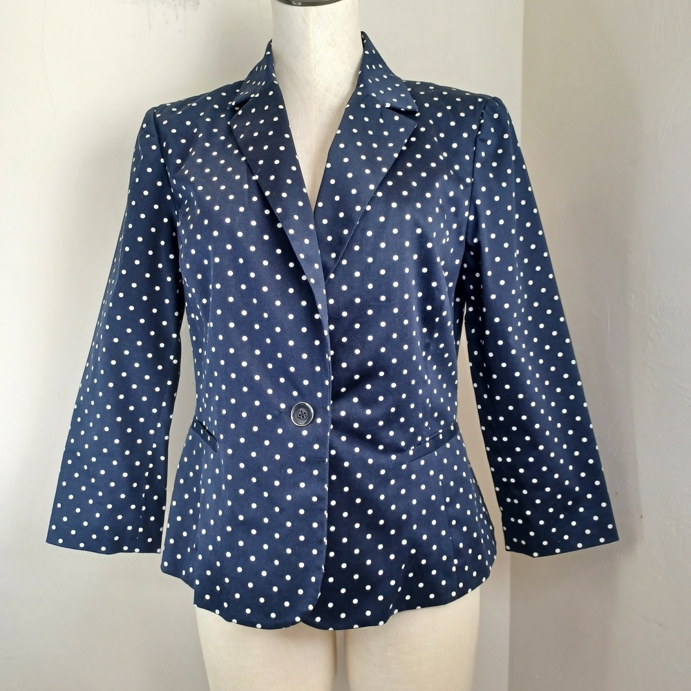 Sandro Studio Navy Blue White Polka Dot Single Button Blazer Jacket Women Size M - Picture 9 of 9